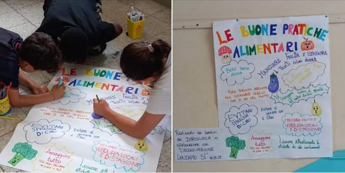 Un cartellone colorato con le buone pratiche alimentari scritte dai bambini