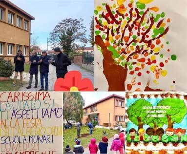 Collage della festa degli alberi alla scuola Munari con disegni e piantumazione